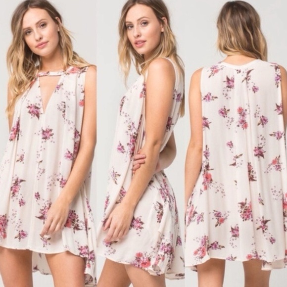 Free People Tree Swing Cream Floral Mini Dress Size S w Purple Flowers Boho - Picture 2 of 9